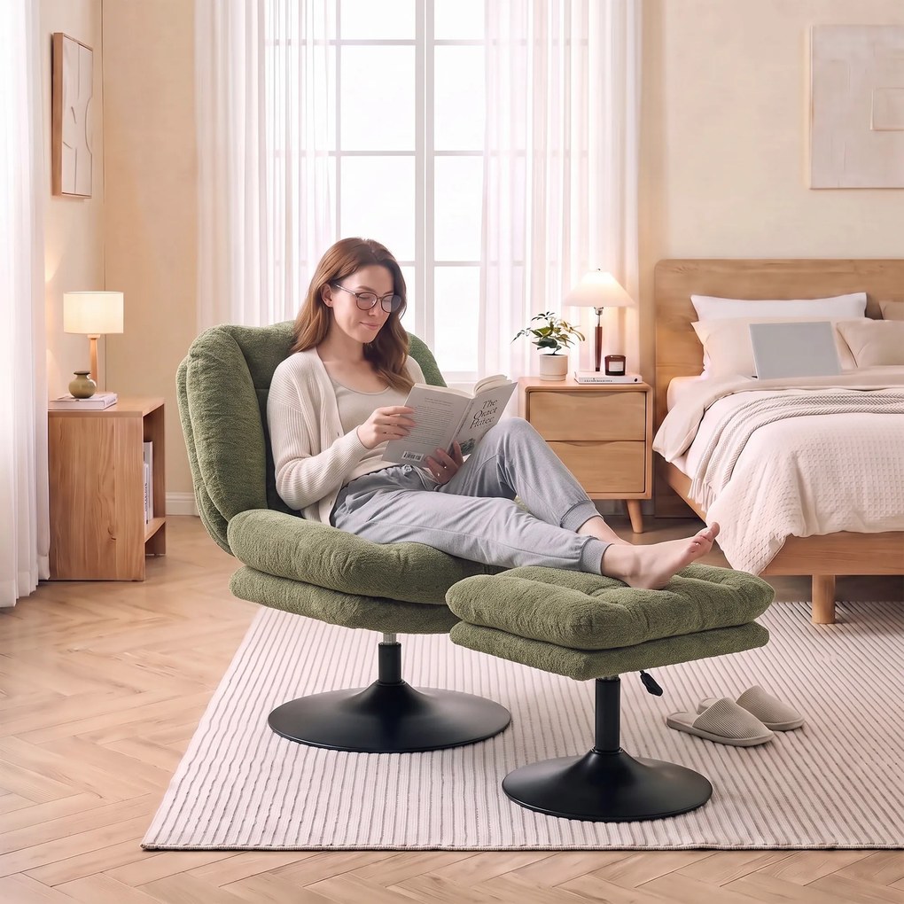 HOMCOM Fotel lounge z podnóżkiem, obracany 360°, z weluru Raindrop, regulowany podnóżek, Zielony | Aosom PL