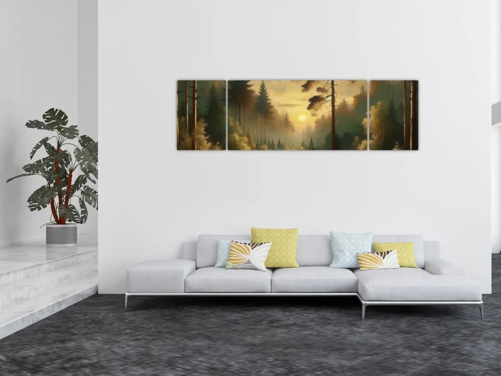 Obraz - Słońce świecące przez las (170x50 cm)