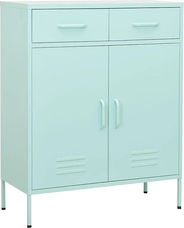 Szafa magazynowa z zielonej stali miętowej 80x35x101,5 cm z 2 drzwiami, 2 szufladami na łożyskach kulkowych i regulowaną półką