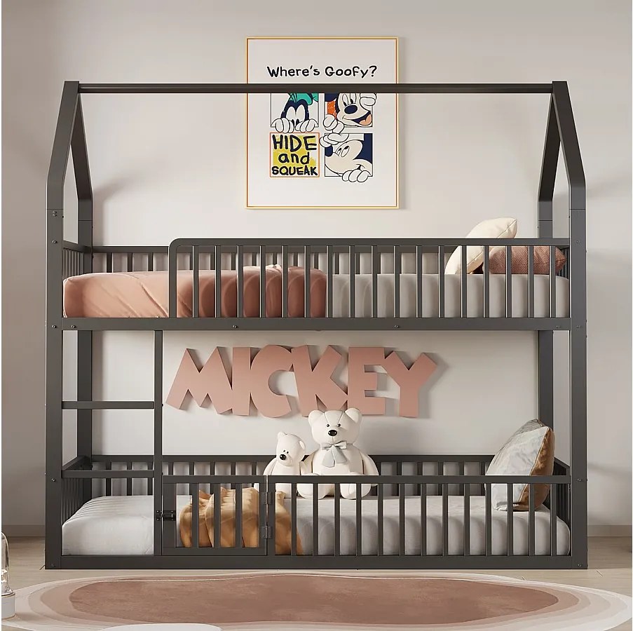 Łóżko piętrowe dla dzieci 90x200 cm ze schodkami i barierkami bezpieczeństwa, czarne – bez materaca