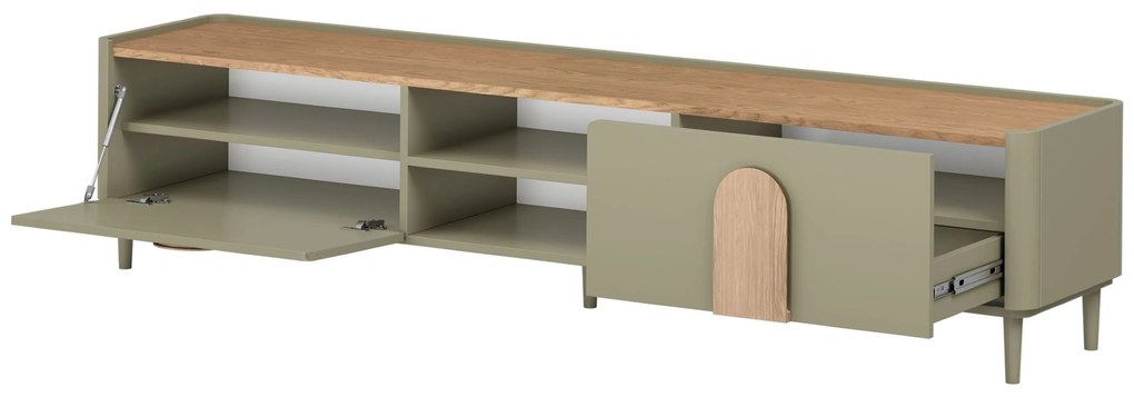Szafka RTV Amilio 220 cm z szufladą na nóżkach - eukaliptus / dąb baltic dune / uchwyty dąb naturalny