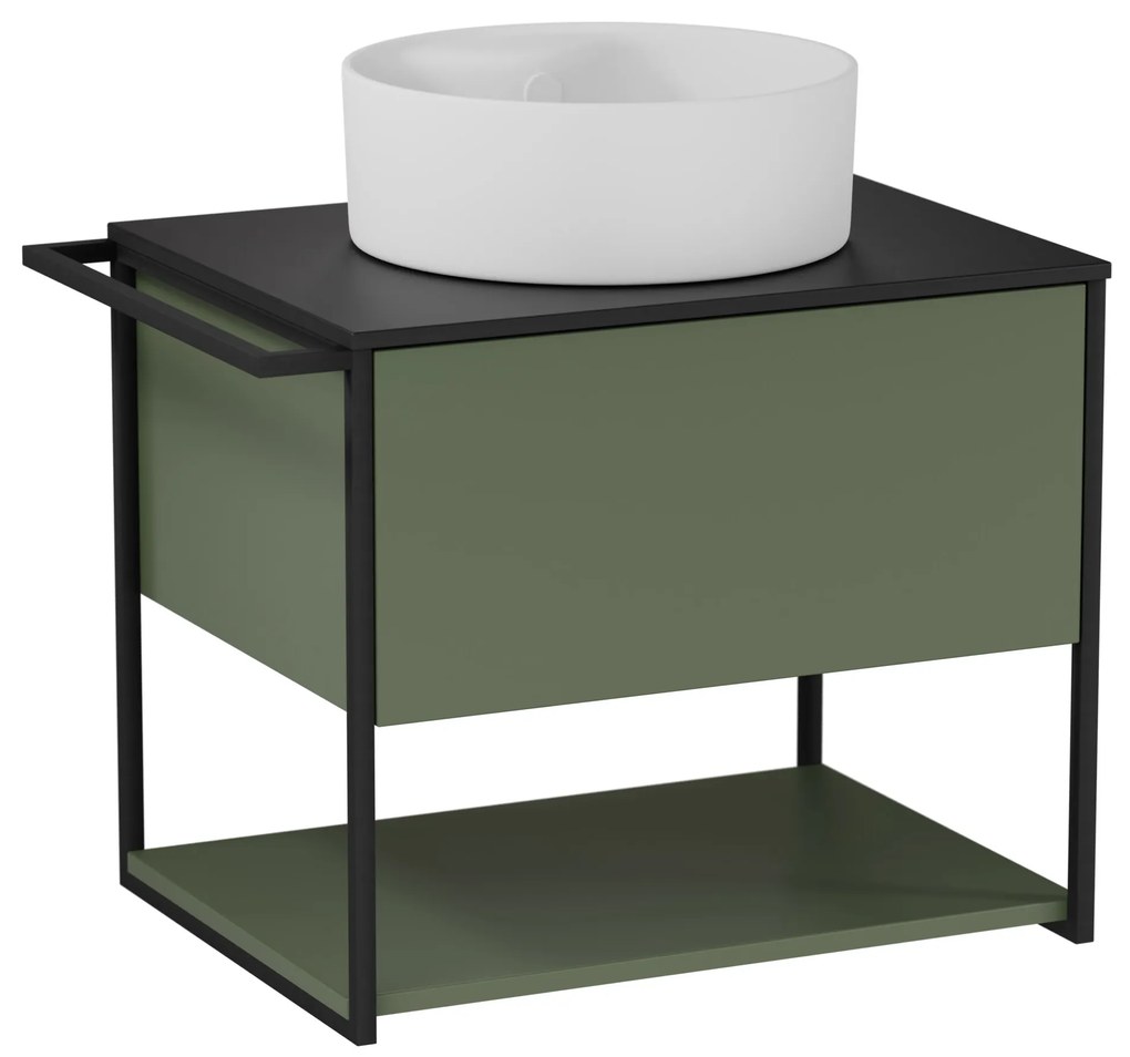 Szafka łazienkowa wisząca zielona loftowa 60 x 45 cm z czarnym blatem o strukturze kamienia VALO