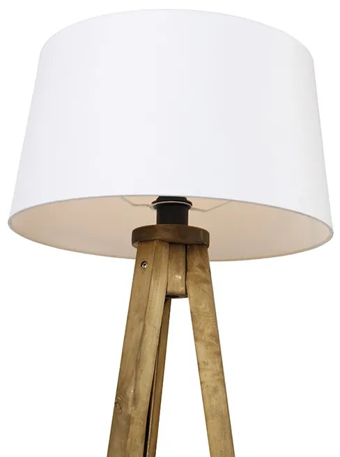 Rustykalna lampa podłogowa na trójnogu z vintage'owego drewna z białym abażurem z lnu 45 cm - Tripod Classic Rustykalny / Vintage Oswietlenie wewnetrzne