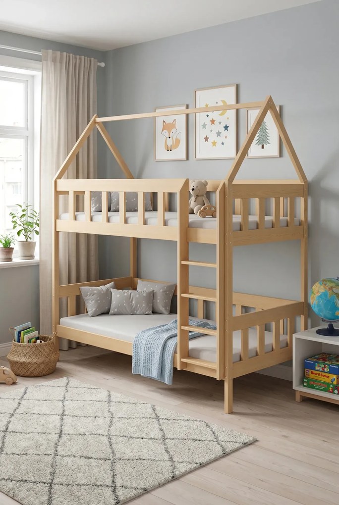Drewniane łóżko piętrowe domek do dziecięcej sypialni, sosna K3-N20