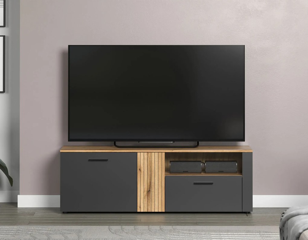 Szafka RTV z lamelami grafit + dąb evok K5-G65