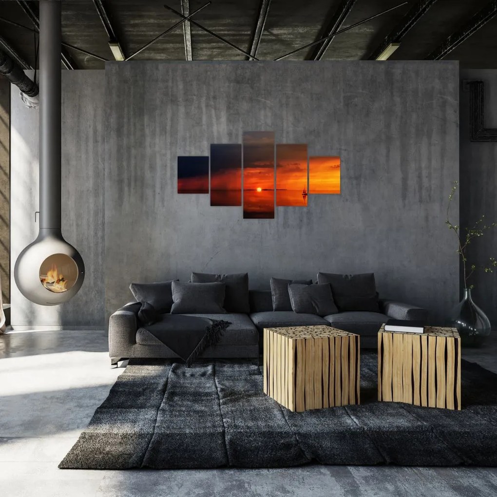 Obraz zachodu słońca z żaglówką (125x70 cm)