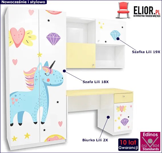 Biało-żółty komplet mebli dziecięcych z biurkiem R1-K35