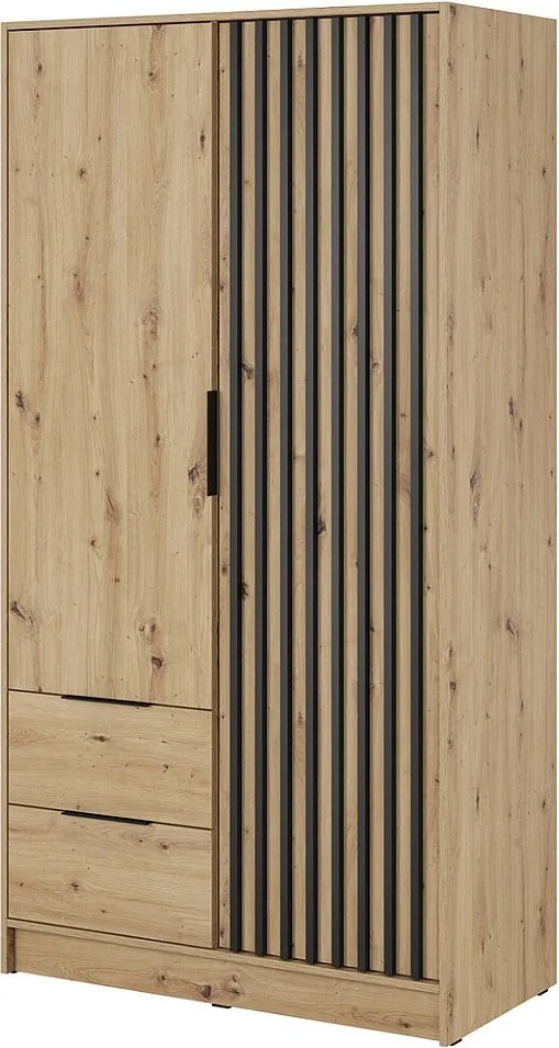Szafa otwierana 100 cm Fioro - dwudrzwiowa szafa z lamelami, 2 szuflady - dąb Artisan