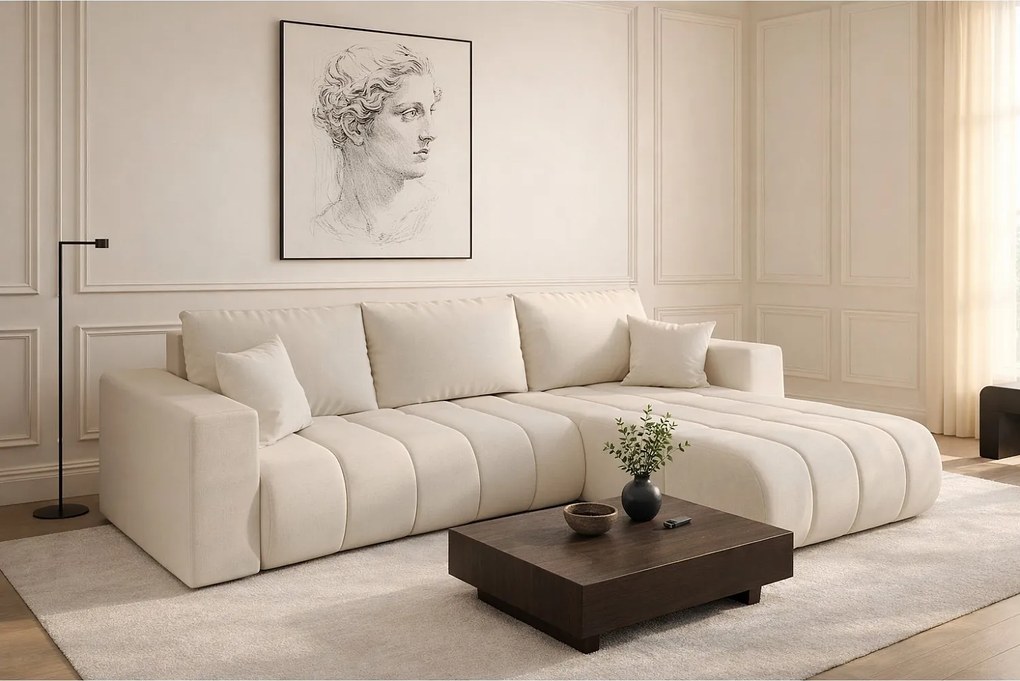 Narożnik z funkcją spania i pojemnikiem MILO PREMIUM, tkanina Wind, Ecru, Prawy