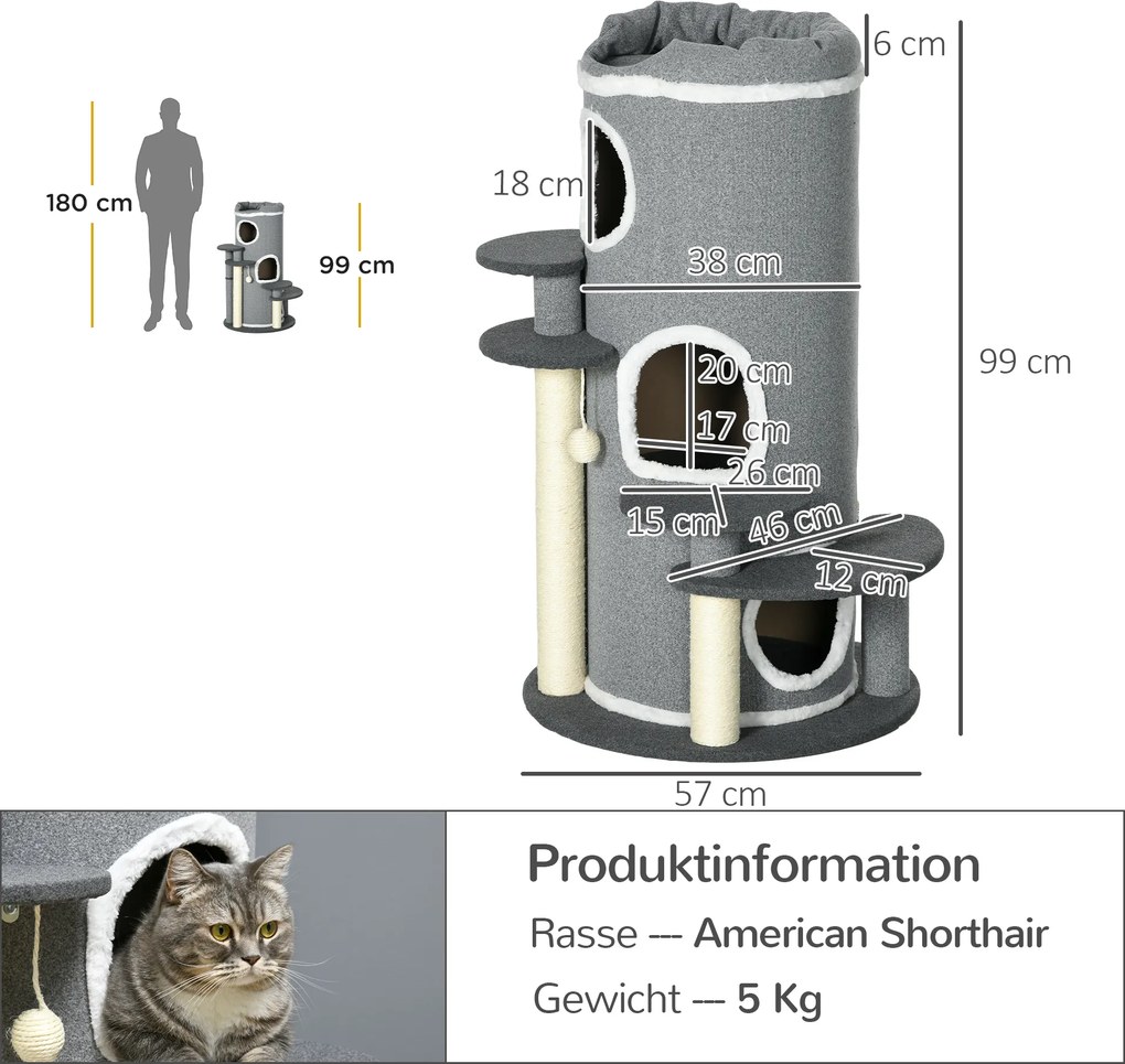 PawHut Drapak dla Kota, 2 Kocie Jaskinie, 4 Platformy, 4 Słupy do Drapania, 57 cm x 57 cm x 99 cm, Szary + Biały
