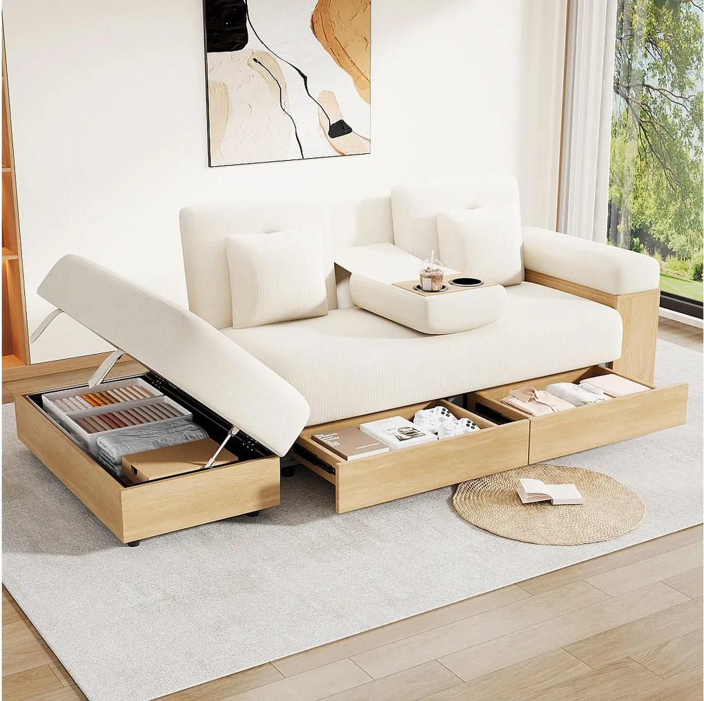 Narożnik 3-osobowy ze schowkiem, regulowanym oparciem w 3 pozycjach, 2 szufladami i uchwytem na kubek - Chenille + MDF - 217 x 110 x 90 cm - Beżowy