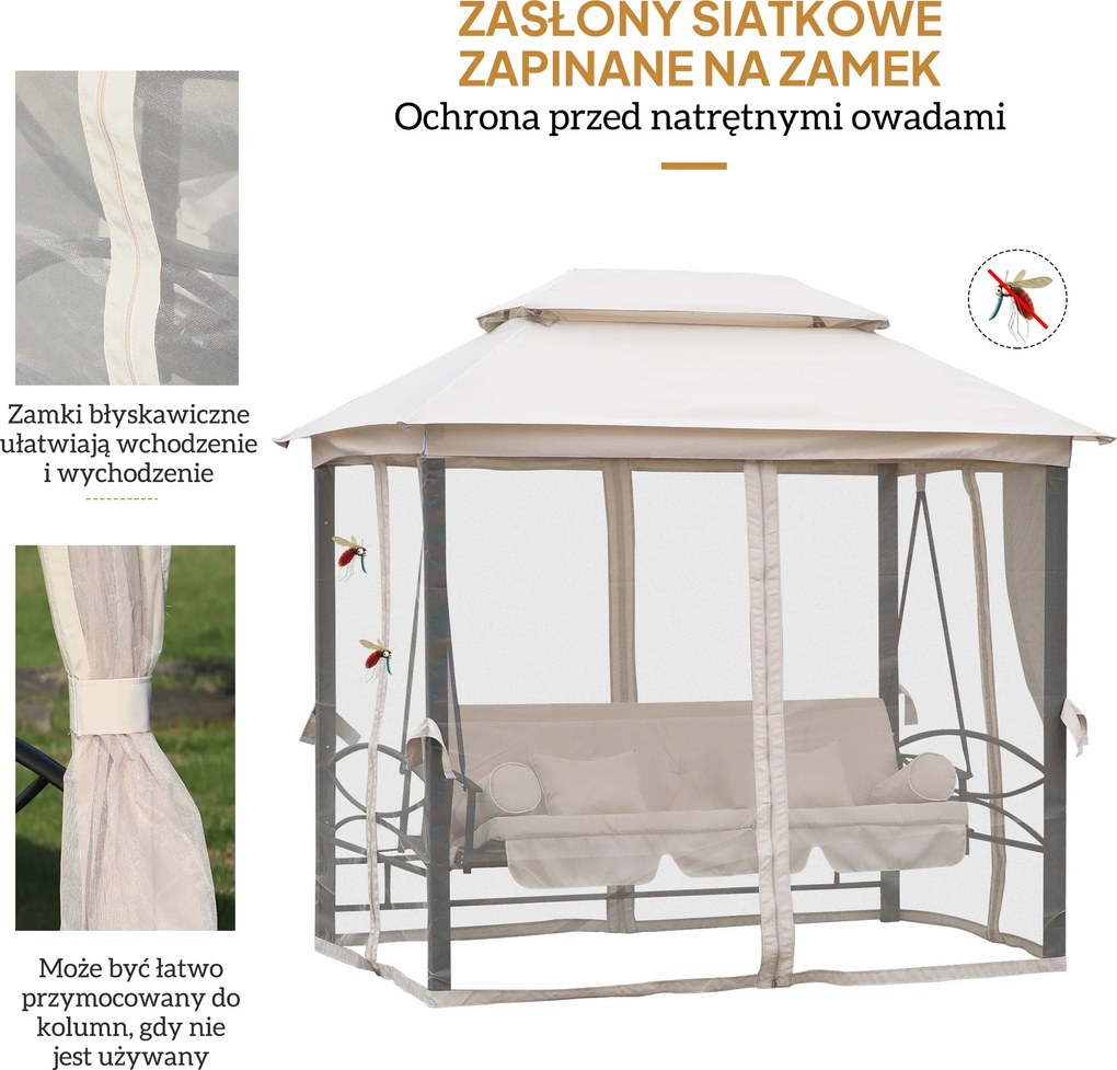 Outsunny huśtawka ogrodowa z dachem i ściankami bocznymi 3-osobowa beżowa przestronna 256x172x248cm | Aosom PL