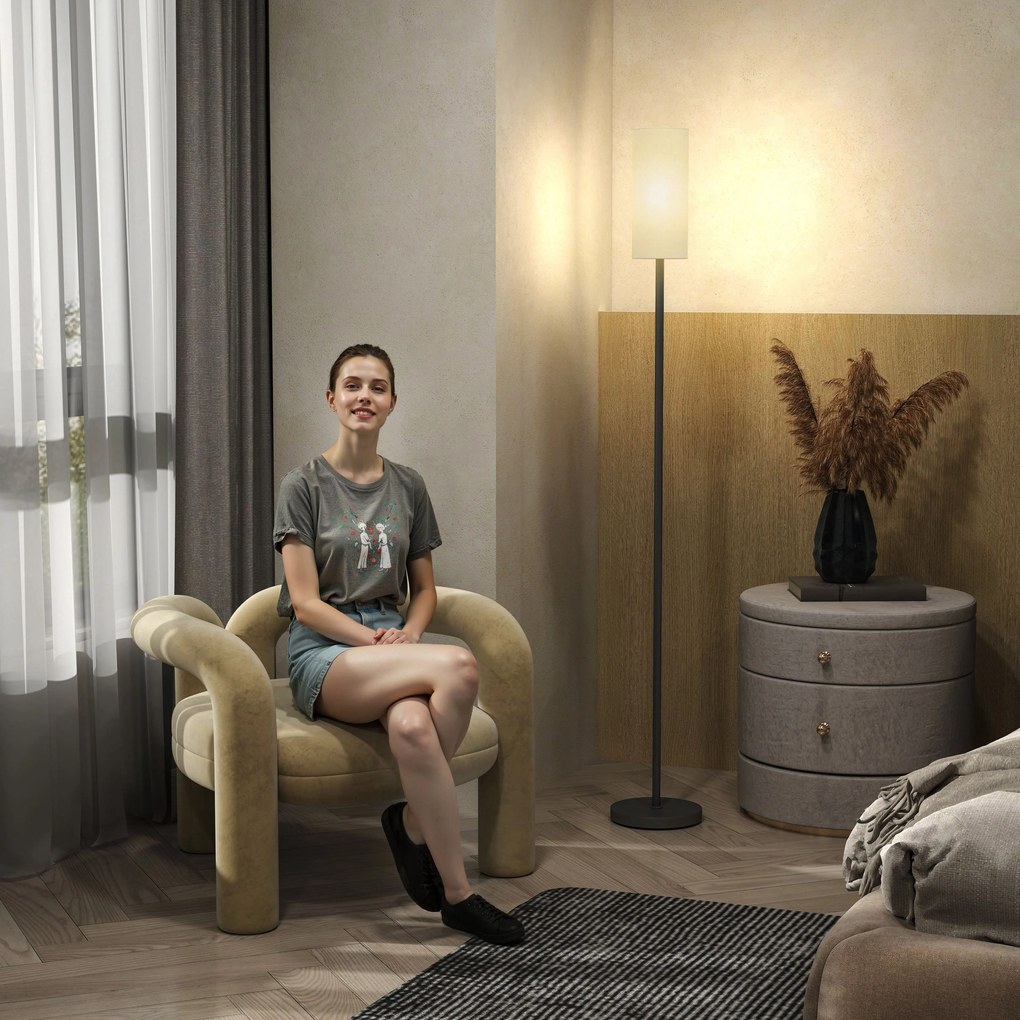 HOMCOM Lampa podłogowa, abażur w optyce lnu, metalowy słup, przełącznik nożny, Biały