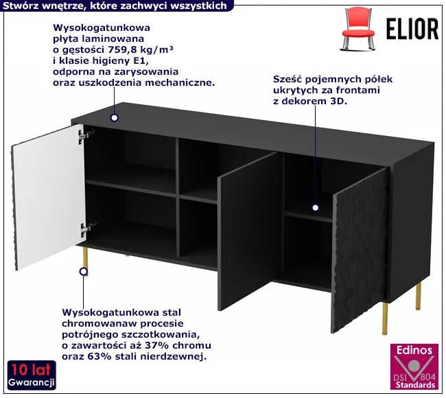 Czarna nowoczesna komoda z frontami 3D Lorenza 6X