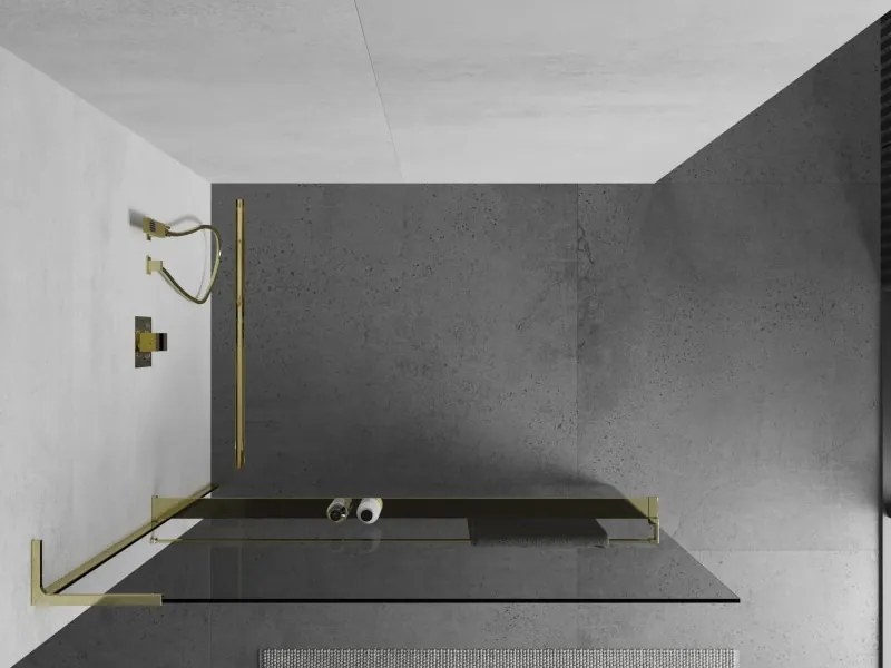 Mexen Kioto+ L ścianka prysznicowa z półką Walk-in 75 x 200 cm, transparent, złota - 800-075-123-50-00