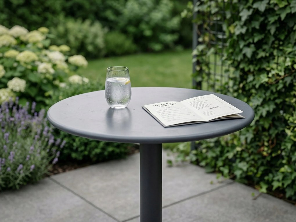 stolik ogrodowy okrągły 70 cm granat metalowy na taras, do ogrodu, kawiarni