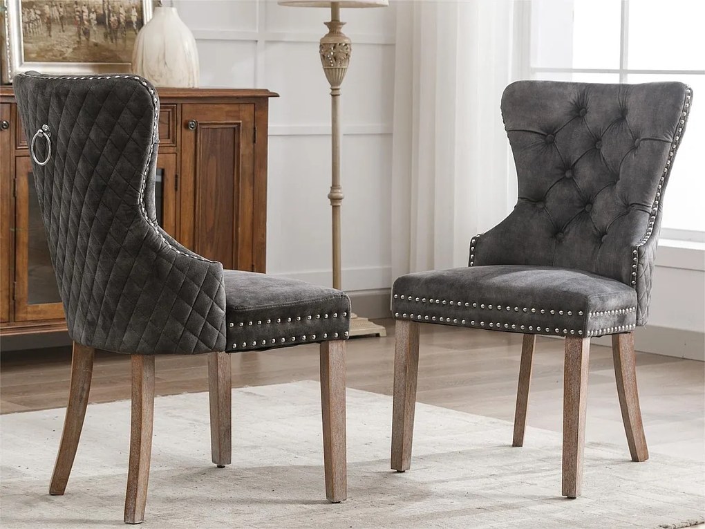 Zestaw 2 aksamitnych krzeseł - nogi z litego drewna - szary