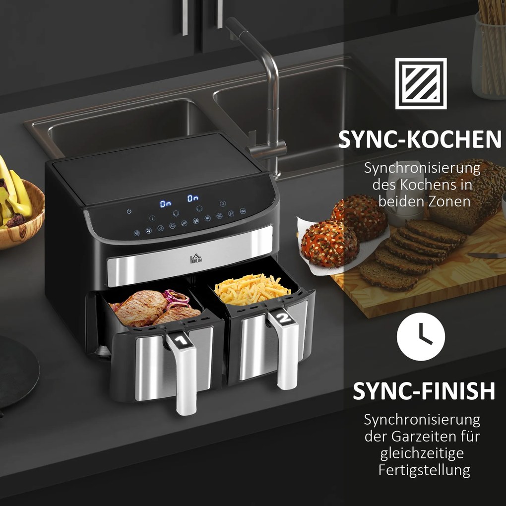 HOMCOM Frytkownica na gorące powietrze 8L z podwójną komorą, Airfryer z 10 programami, 2400 W frytkownica na gorące powietrze z ekranem dotykowym, przepisami, bez oleju, czarna