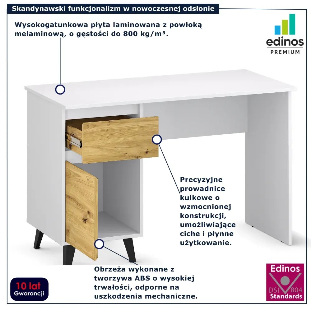 Skandynawskie biurko z szafką i szufladą biały + dąb artisan L5-C56