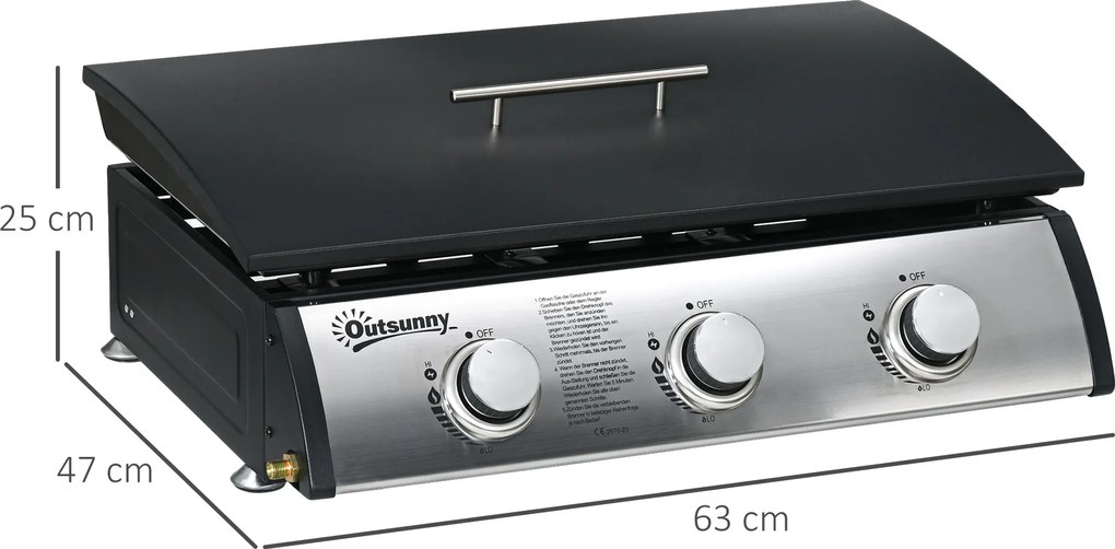 Outsunny Grill gazowy z pokrywą, 3 palniki, tłuszcz zatrzymywany w tacy, płyta z powłoką nieprzywierającą, 63x47x25 cm, Czarny/Srebrny