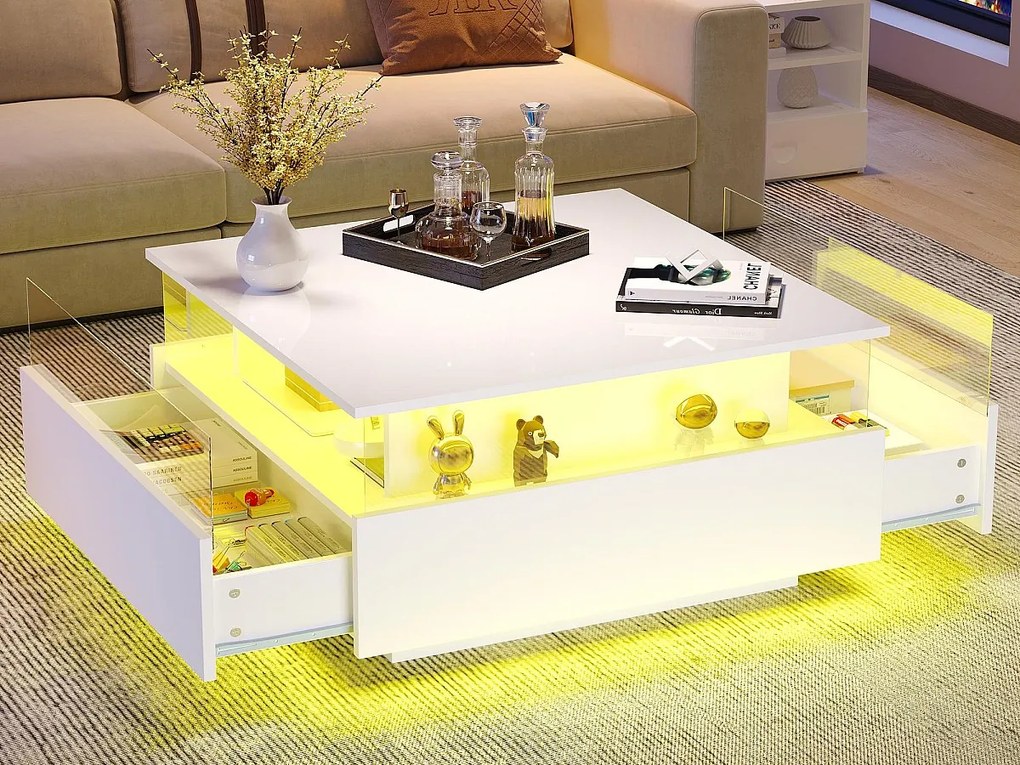 Nowoczesny stół kawowy - z 2 szufladami + przeszklonymi przegrodami - Biały