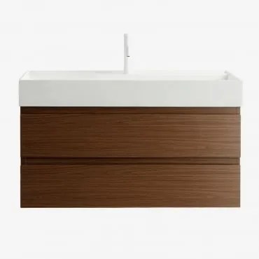 Zestaw Wiszących Mebli Łazienkowych Z Drewna I Forniru Jesionowego Zintegrowany Z Umywalką Ona Ciemna Czerń - Sklum