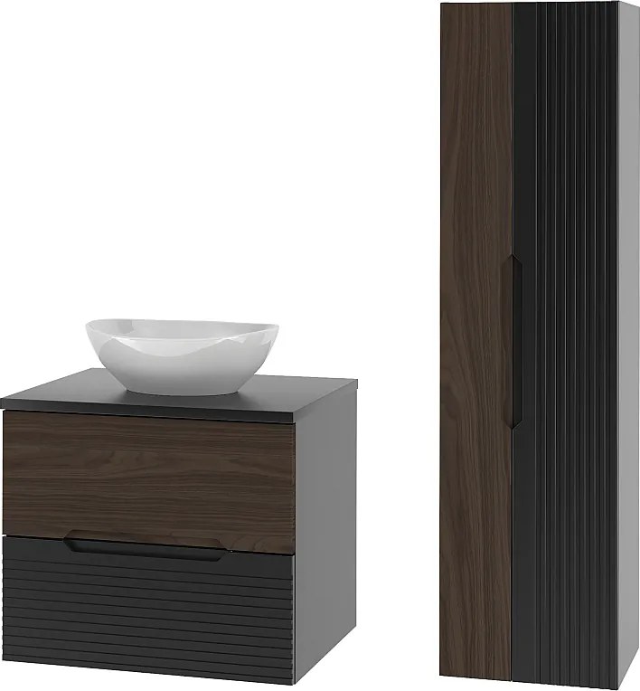Zestaw Łazienkowy 60cm Szafka z Blatem Umywalka Słupek Czarny Mat / Orzech Avella