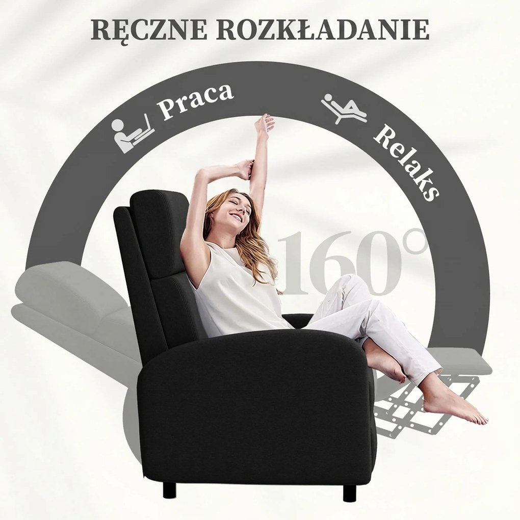 HOMCOM Fotel relaksacyjny, fotel telewizyjny z funkcją leżenia, tapicerowany, z regulowanym oparciem, podnóżek, czarny