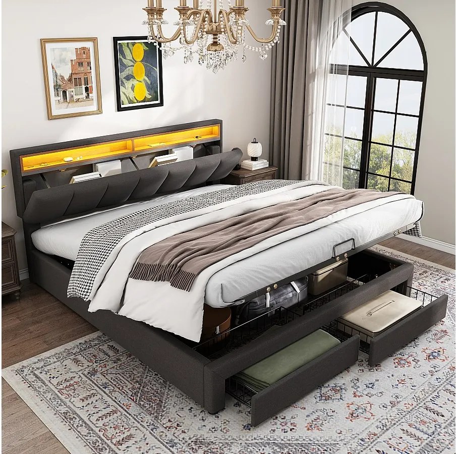 Łóżko z pojemnikiem 180x200 cm - Łóżko dla dorosłych z oświetleniem LED i szufladami - len szary - materac nie jest wliczony w cenę