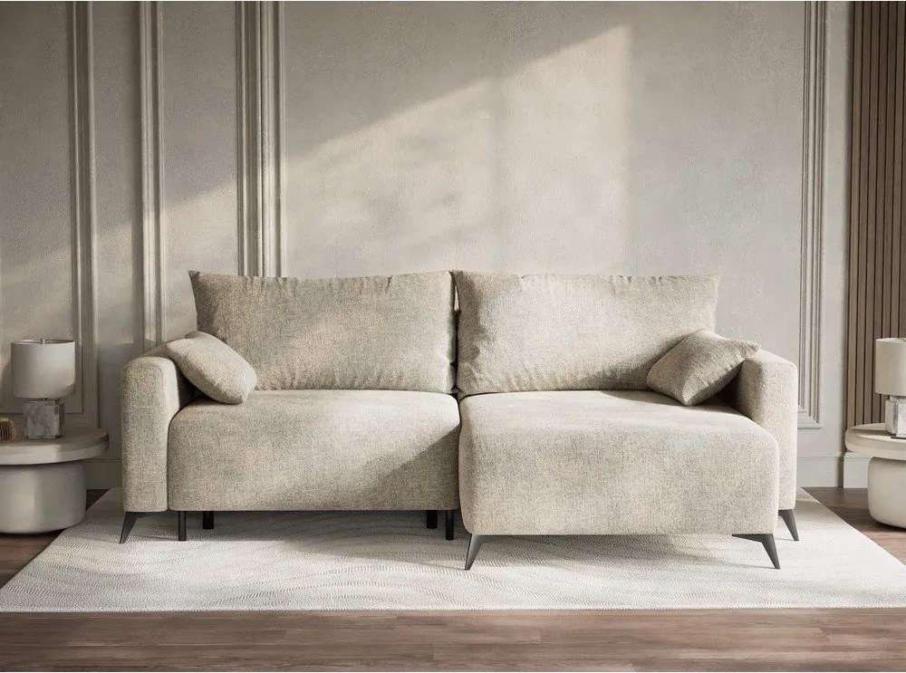 Beżowy rozkładany narożnik ze schowkiem z tkaniny szenilowej (prawostronny/z szezlongiem) Leon – Maison de Rêve