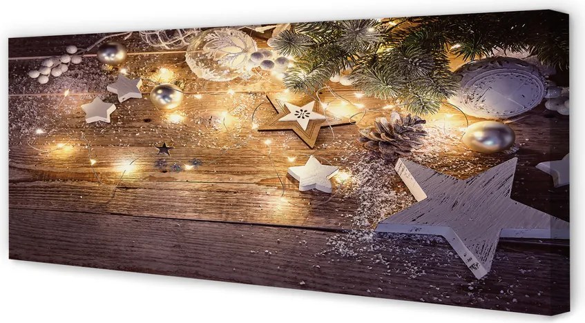 Obraz drukowany na płótnie Świąteczna Kompozycja: Bombki, Szyszki i Lampki