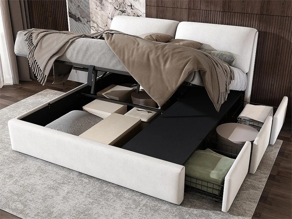 Łóżko z pojemnikiem z weluru - 180x200cm - z 3 szufladami - Beżowy (bez materaca)