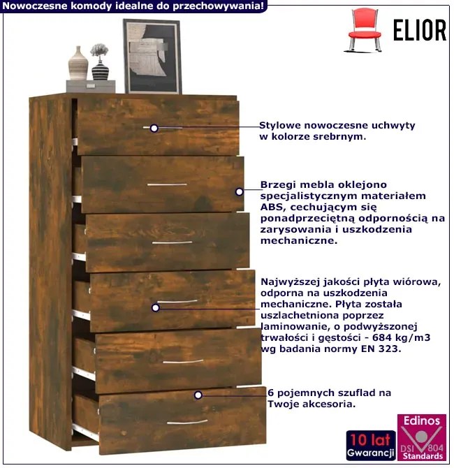 Industrialna komoda do salonu z 6 szufladami przydymiony dąb - Xeron