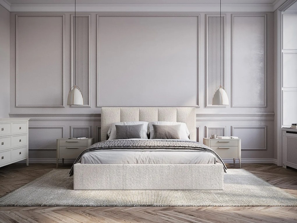 Łóżko ze skrzynią 160 x 200 cm zagłówkiem z pionowymi szwami - Tkanina - Beż - Z materacem - KILACLO