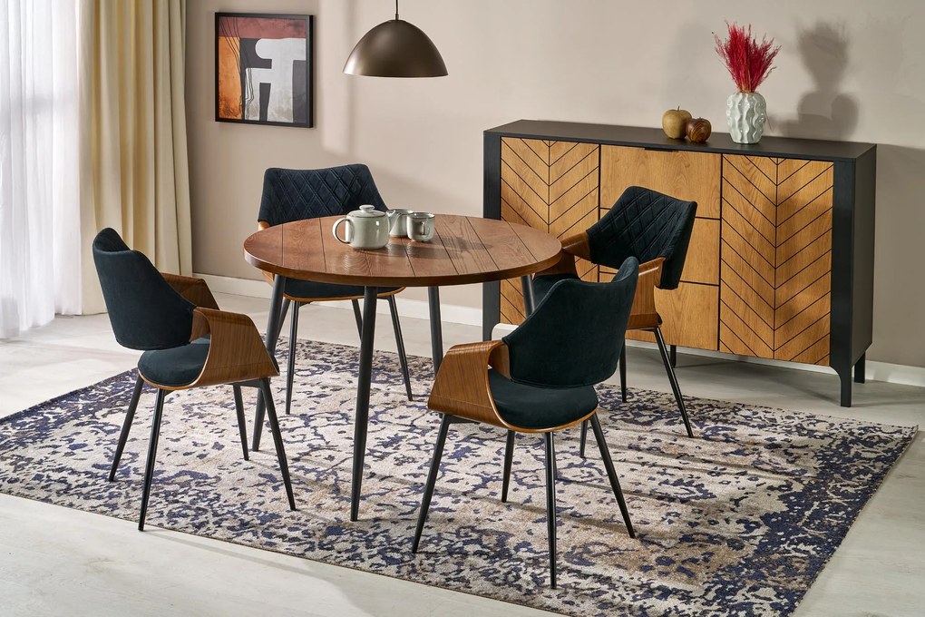 Stół okrągły z MDF-u kolor orzech, czarne nogi średnica 105/75 cm BARRY