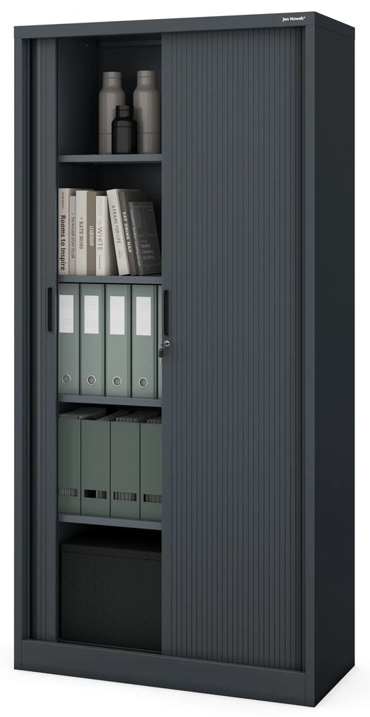 Metalowa szafa biurowa na akta z roletą DAMIAN, 900 x 1850 x 450 mm, antracytowa