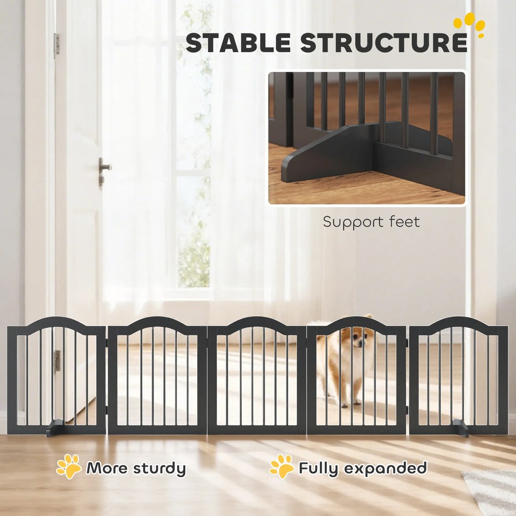PawHut Bramka dla psa wolnostojące zabezpieczenie z nóżkami, składana bramka, 5 paneli, 261,5 x 29,5 x 61 cm, czarna