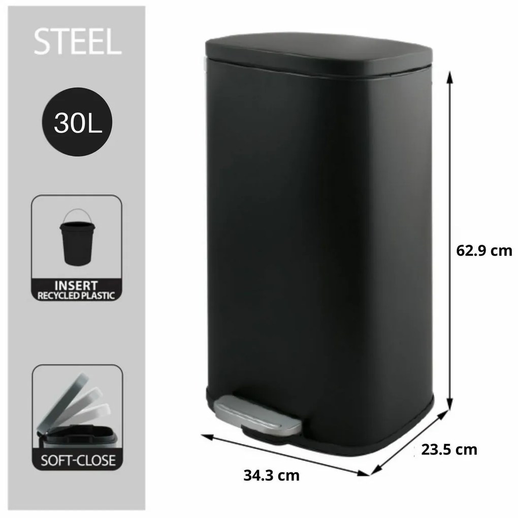 Spirella Kosz na śmieci z pedałem soft-close Akira 30 l, matowy czarny, 30 l
