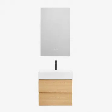 Zestaw Wiszących Mebli Łazienkowych Z Drewna I Forniru Jesionowego Zintegrowany Z Umywalką Ona Naturalna & Prostokątny Led - Sklum