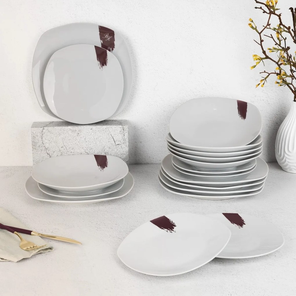 BerlingerHaus 18-częściowy zestaw talerzy Leonardo, biały-bordowy