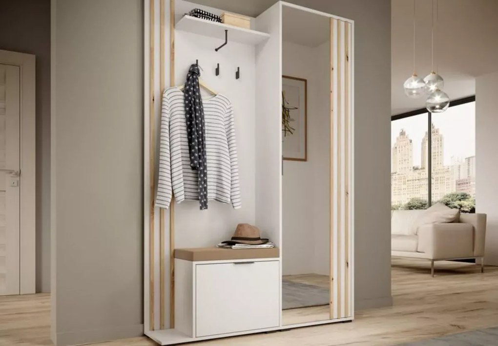 Garderoba z lustrem Belfast 131cm szafa lamele przedpokój siedzisko ławka