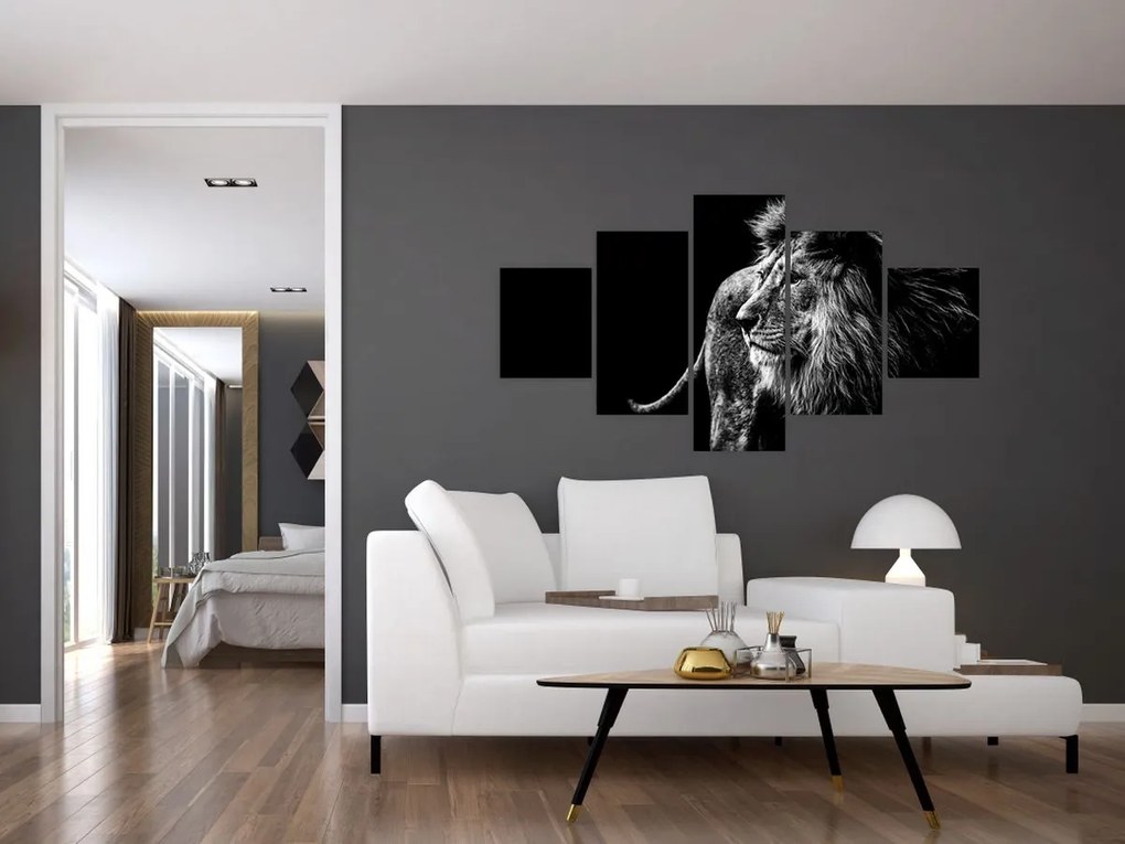 Obraz - Lew, czarno-biały (125x70 cm)