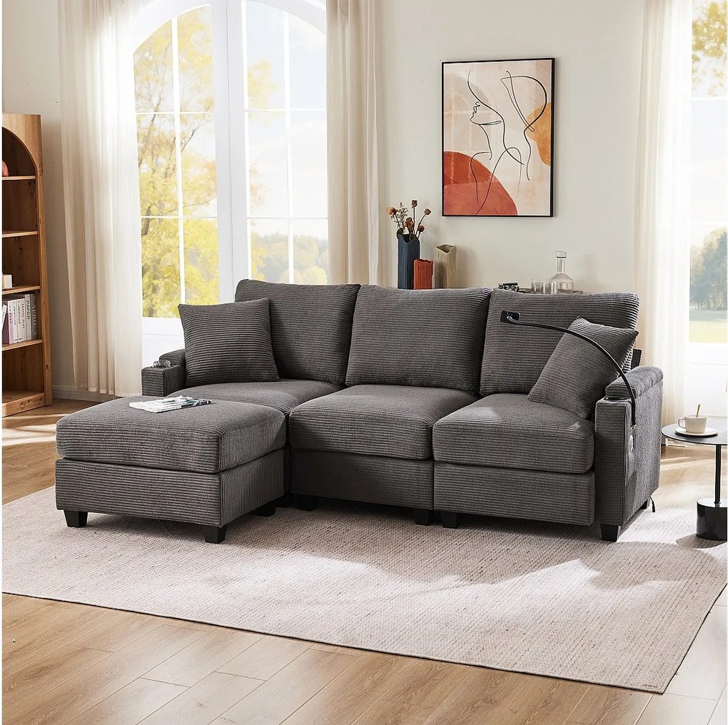 Sofa 3-osobowa, narożnik z portem USB, uchwytem na telefon i uchwytem na kubek - ciemnoszary sztruks