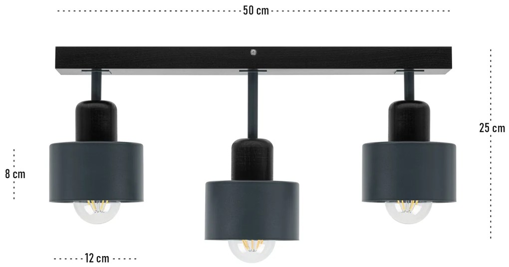 Antracytowo-czarna lampa sufitowa, trzypunktowy spot DAN50x7SC z drewn