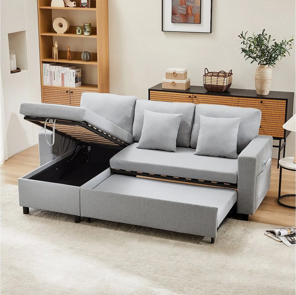 Sofa 3-osobowa, sofa rozkładana ze schowkiem i kieszeniami bocznymi, metalowa rama - jasnoszary len