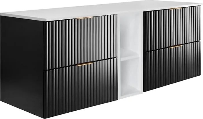 Szafka pod umywalkę, Czarny / Biały + złoty uchwyt, 140 x 57 x 46 cm + Blat