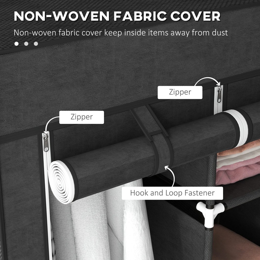 HOMCOM Szafa z Tkaniny, Rozwiązanie Przechowalnicze, 8 Półek, 2 Drążki na Ubrania, Czarny