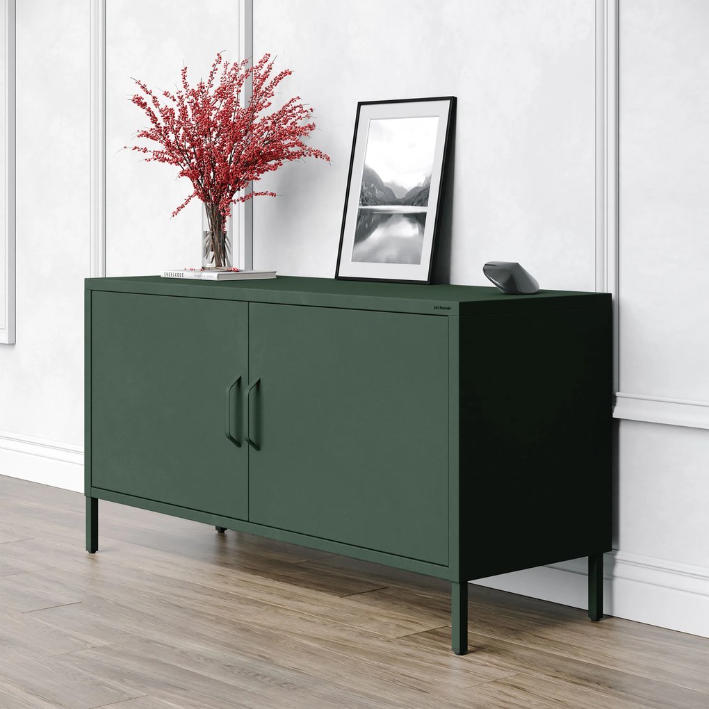 Szafka RTV metalowa na nóżkach butelkowa zieleń, 1150x595x400 mm: ROSA Modern