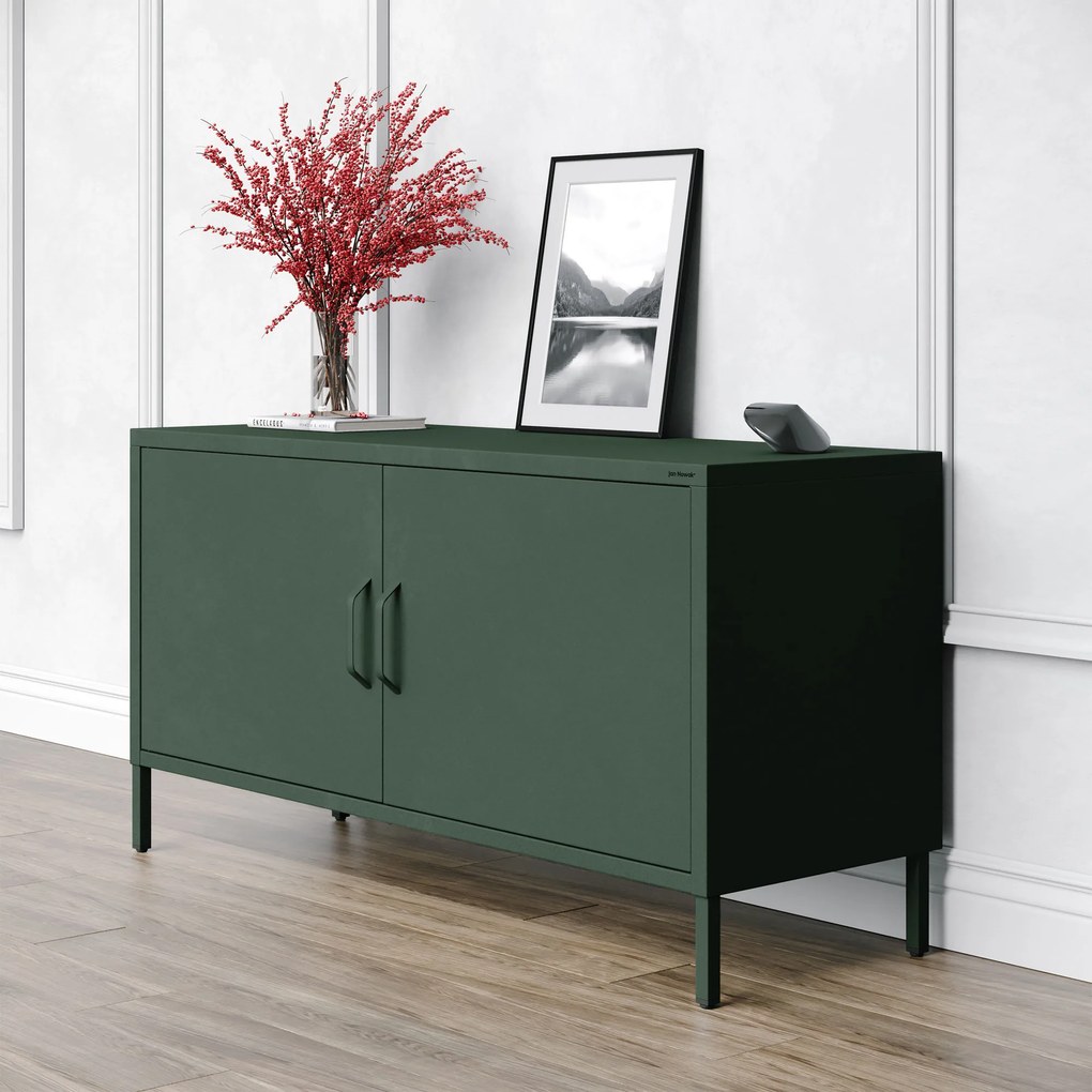 Szafka RTV metalowa na nóżkach butelkowa zieleń Modern ROSA, 1150 x 595 x 400 mm