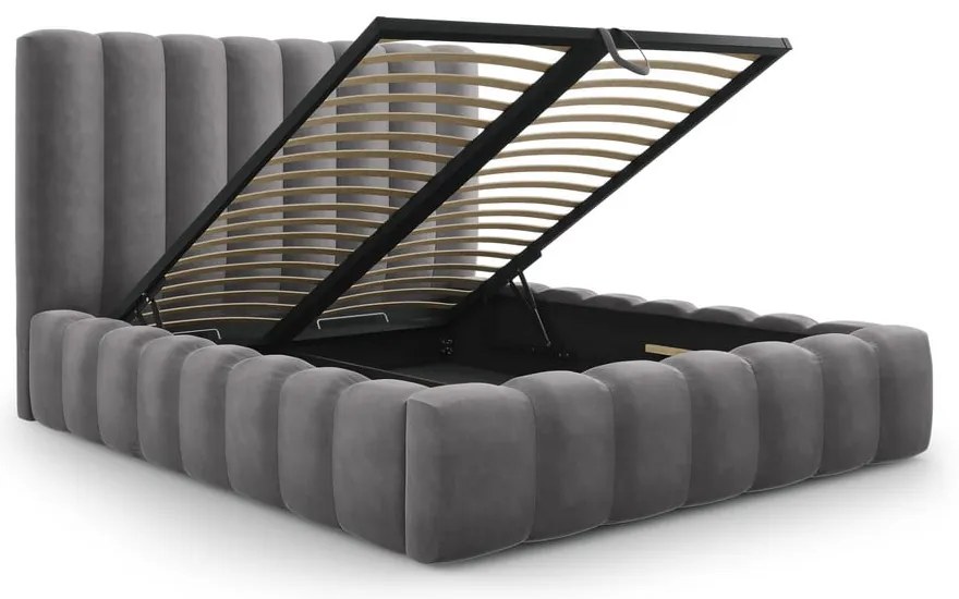 Szare tapicerowane łóżko dwuosobowe ze schowkiem i stelażem 200x200 cm Kelp – Micadoni Home
